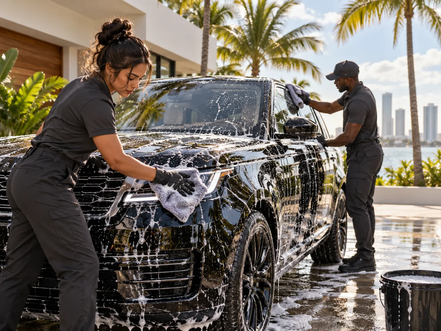 Illustrative professional detailing team washing a car in Miami